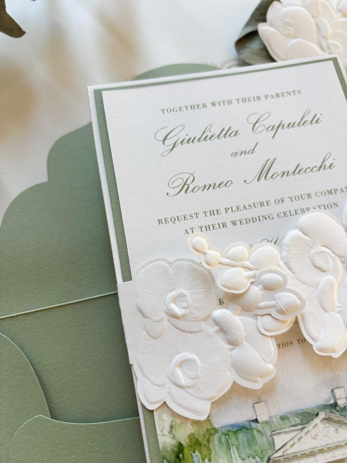 Custom Watercolour Venue Wedding Invitation, 3D Embossed Orchid Gatefold, Sage Green Floral Wedding Invite