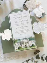 Custom Watercolour Venue Wedding Invitation, 3D Embossed Orchid Gatefold, Sage Green Floral Wedding Invite