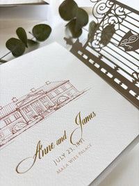 Laser Cut Gate Wedding Invitation |  Luxury Gatefold Wedding Invitation Suite | Custom Venue Sketch, Gold Foil Monogram & Watercolour Liner