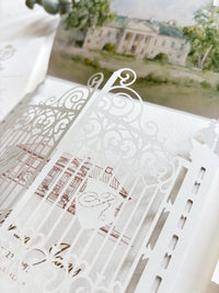 Laser Cut Gate Wedding Invitation |  Luxury Gatefold Wedding Invitation Suite | Custom Venue Sketch, Gold Foil Monogram & Watercolour Liner