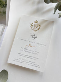 Laser Cut Gate Wedding Invitation |  Luxury Gatefold Wedding Invitation Suite | Custom Venue Sketch, Gold Foil Monogram & Watercolour Liner