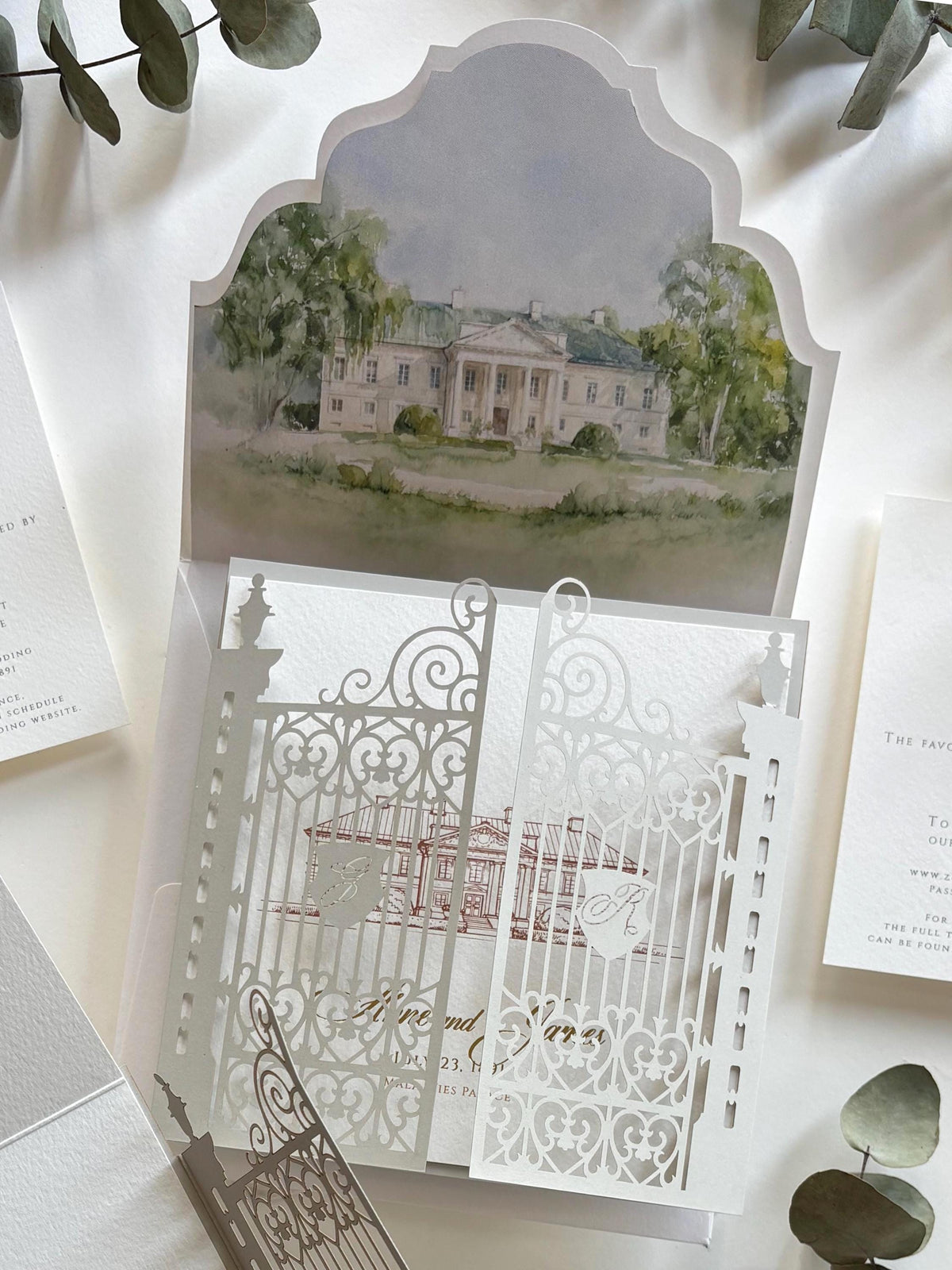 Laser Cut Gate Wedding Invitation |  Luxury Gatefold Wedding Invitation Suite | Custom Venue Sketch, Gold Foil Monogram & Watercolour Liner