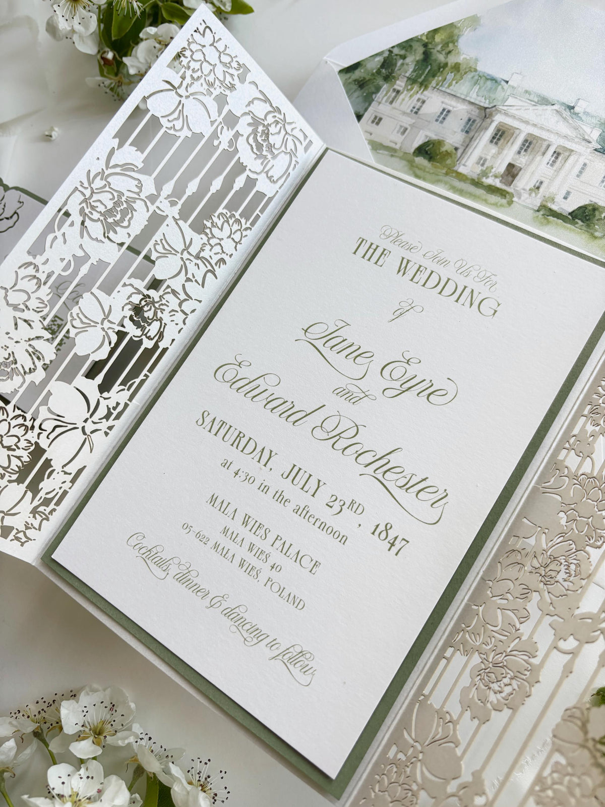 Watercolour Wedding Venue Invitation Suite, Sage Green Gatefold Invitation, Custom Venue Illustration, Laser Cut Wedding Invite