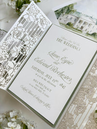 Watercolour Wedding Venue Invitation Suite, Sage Green Gatefold Invitation, Custom Venue Illustration, Laser Cut Wedding Invite
