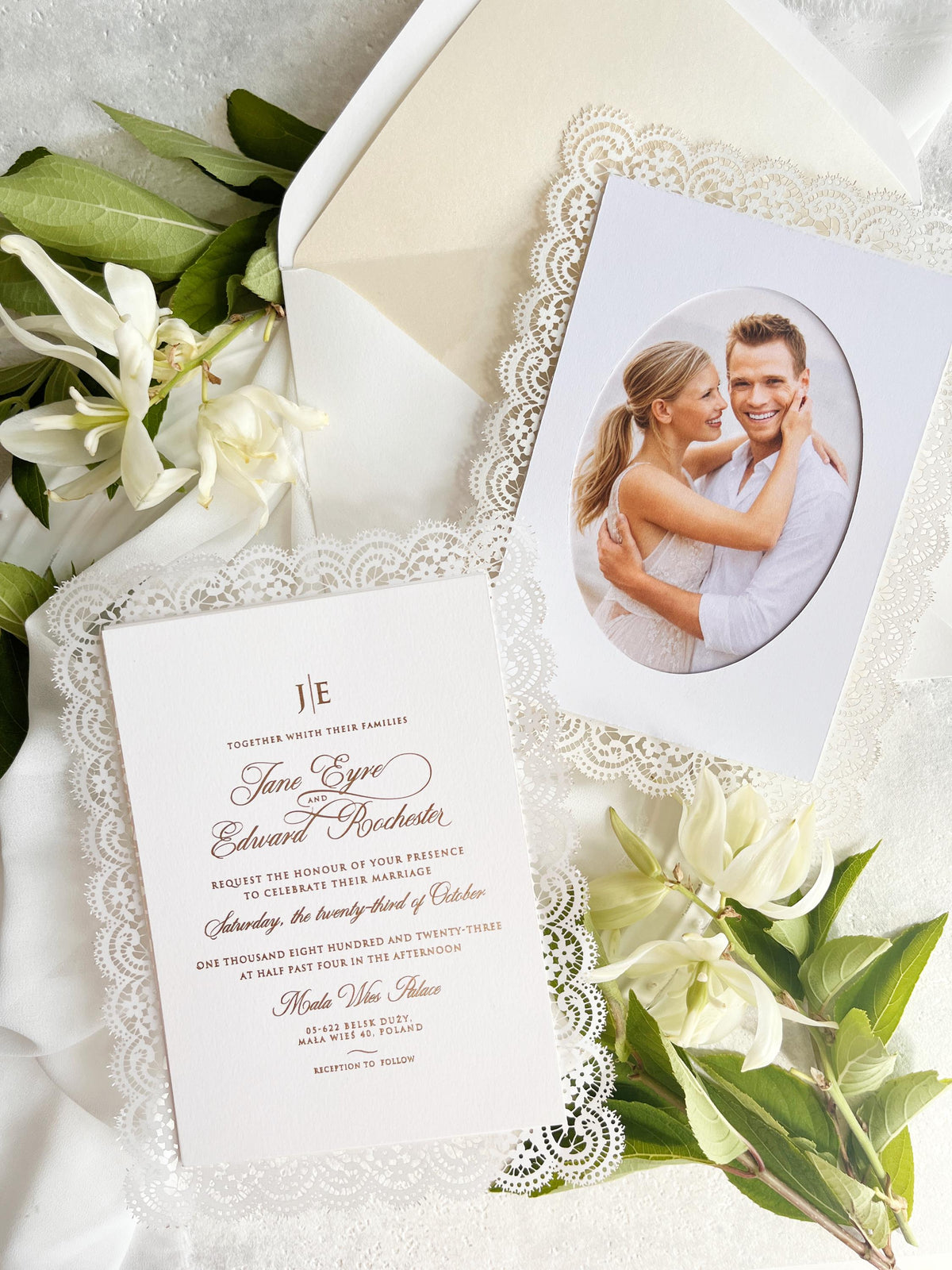 Lace Wedding Invitation with Gold Foil and Couple Photo, Personalised Laser Cut Wedding Invite