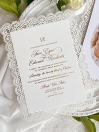 Lace Wedding Invitation with Gold Foil and Couple Photo, Personalised Laser Cut Wedding Invite