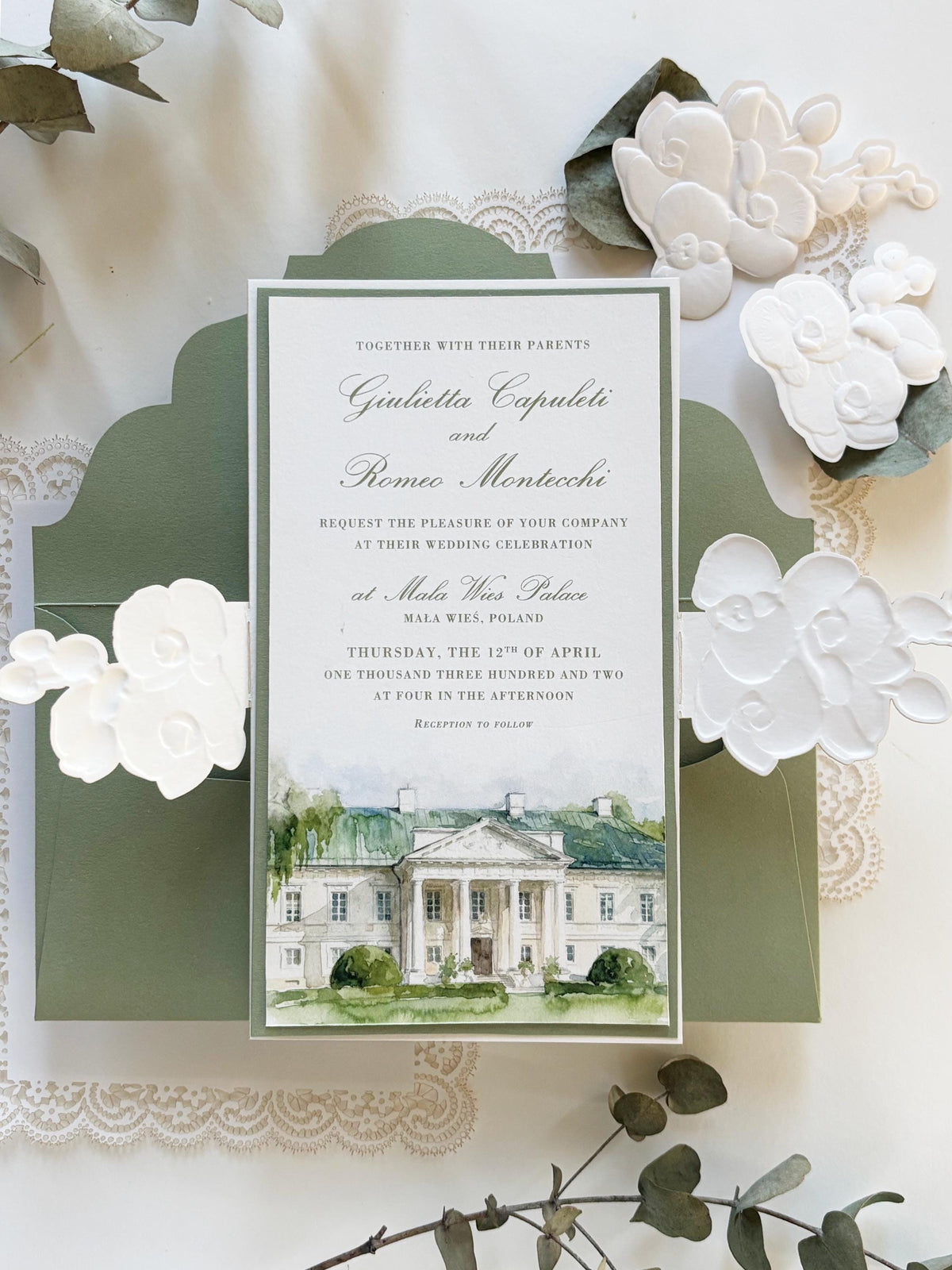 Custom Watercolour Venue Wedding Invitation, 3D Embossed Orchid Gatefold, Sage Green Floral Wedding Invite