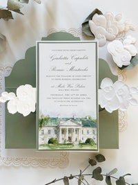 Custom Watercolour Venue Wedding Invitation, 3D Embossed Orchid Gatefold, Sage Green Floral Wedding Invite