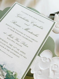 Custom Watercolour Venue Wedding Invitation, 3D Embossed Orchid Gatefold, Sage Green Floral Wedding Invite