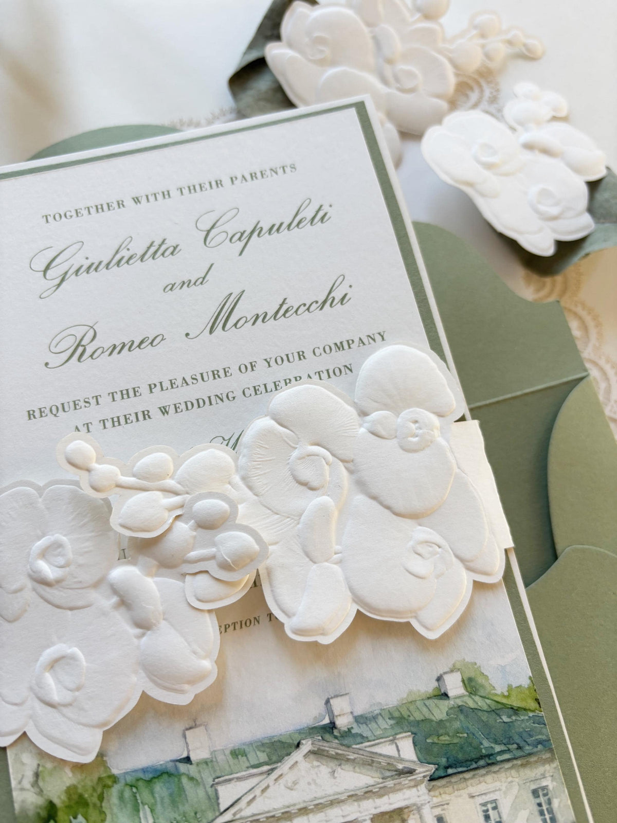 Custom Watercolour Venue Wedding Invitation, 3D Embossed Orchid Gatefold, Sage Green Floral Wedding Invite