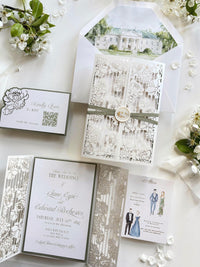 Watercolour Wedding Venue Invitation Suite, Sage Green Gatefold Invitation, Custom Venue Illustration, Laser Cut Wedding Invite