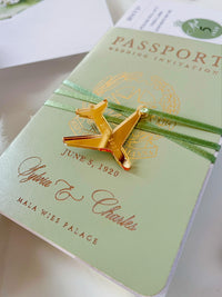 Sage Green Vegan Leather Passport Wedding Invitation | Custom Watercolour Venue Illustration | Destination Wedding Suite with Boarding Pass