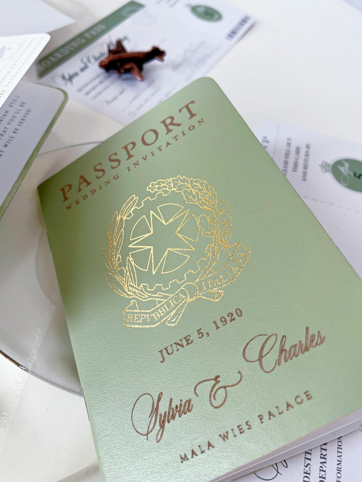 Sage Green Vegan Leather Passport Wedding Invitation | Custom Watercolour Venue Illustration | Destination Wedding Suite with Boarding Pass