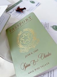 Sage Green Vegan Leather Passport Wedding Invitation | Custom Watercolour Venue Illustration | Destination Wedding Suite with Boarding Pass