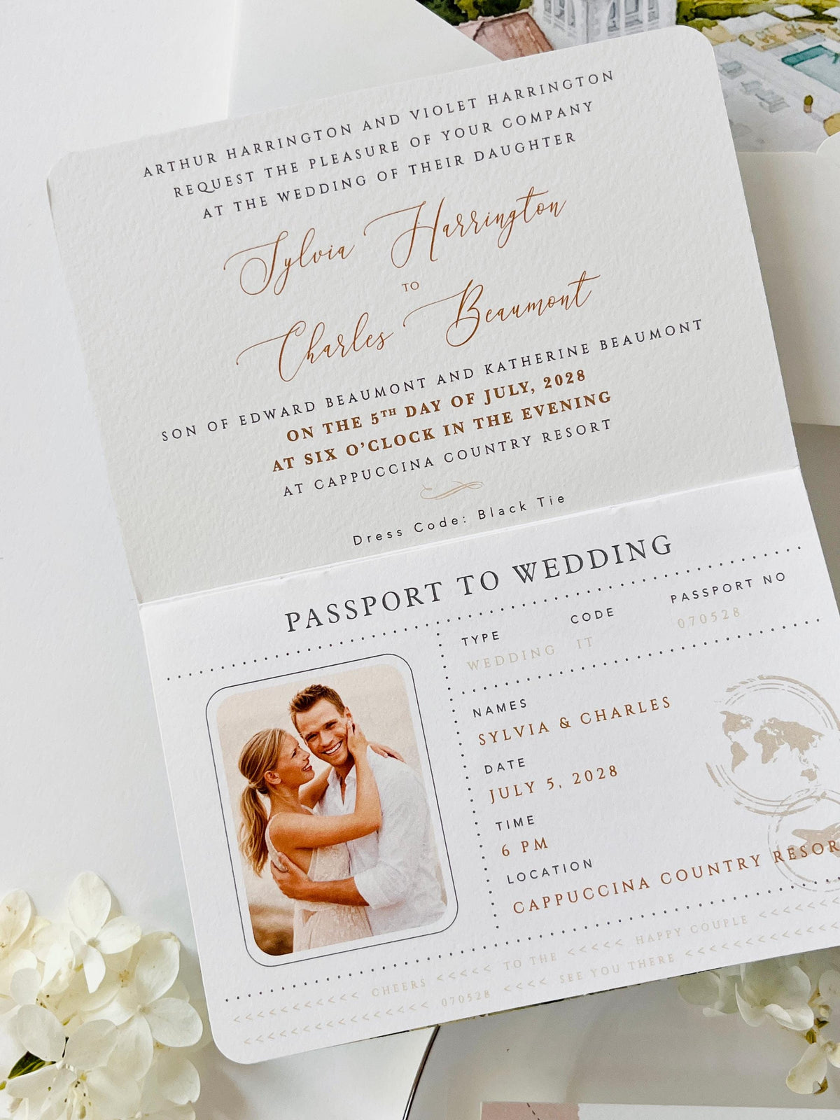 Travel Inspired Passport Wedding Invitation | Watercolour Venue Illustration with Boarding Pass RSVP | Destination Wedding