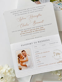Travel Inspired Passport Wedding Invitation | Watercolour Venue Illustration with Boarding Pass RSVP | Destination Wedding