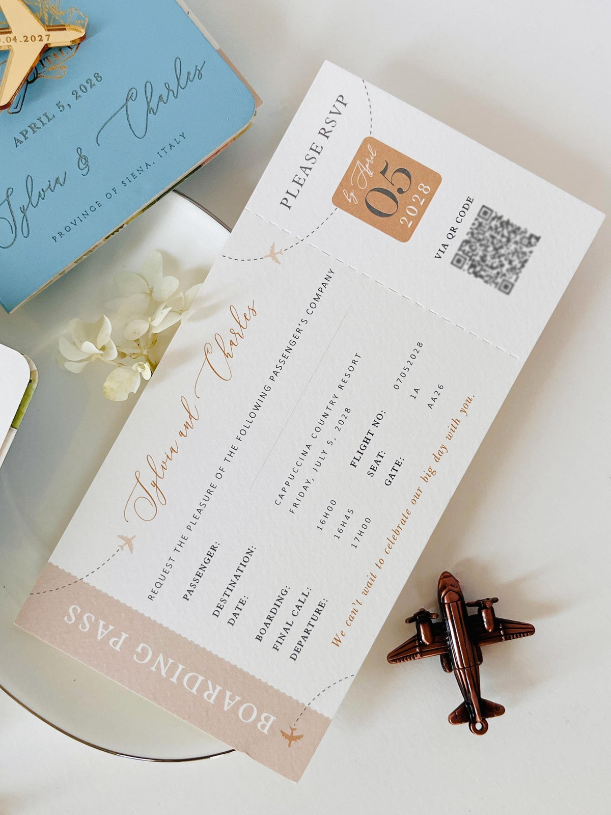 Travel Inspired Passport Wedding Invitation | Watercolour Venue Illustration with Boarding Pass RSVP | Destination Wedding