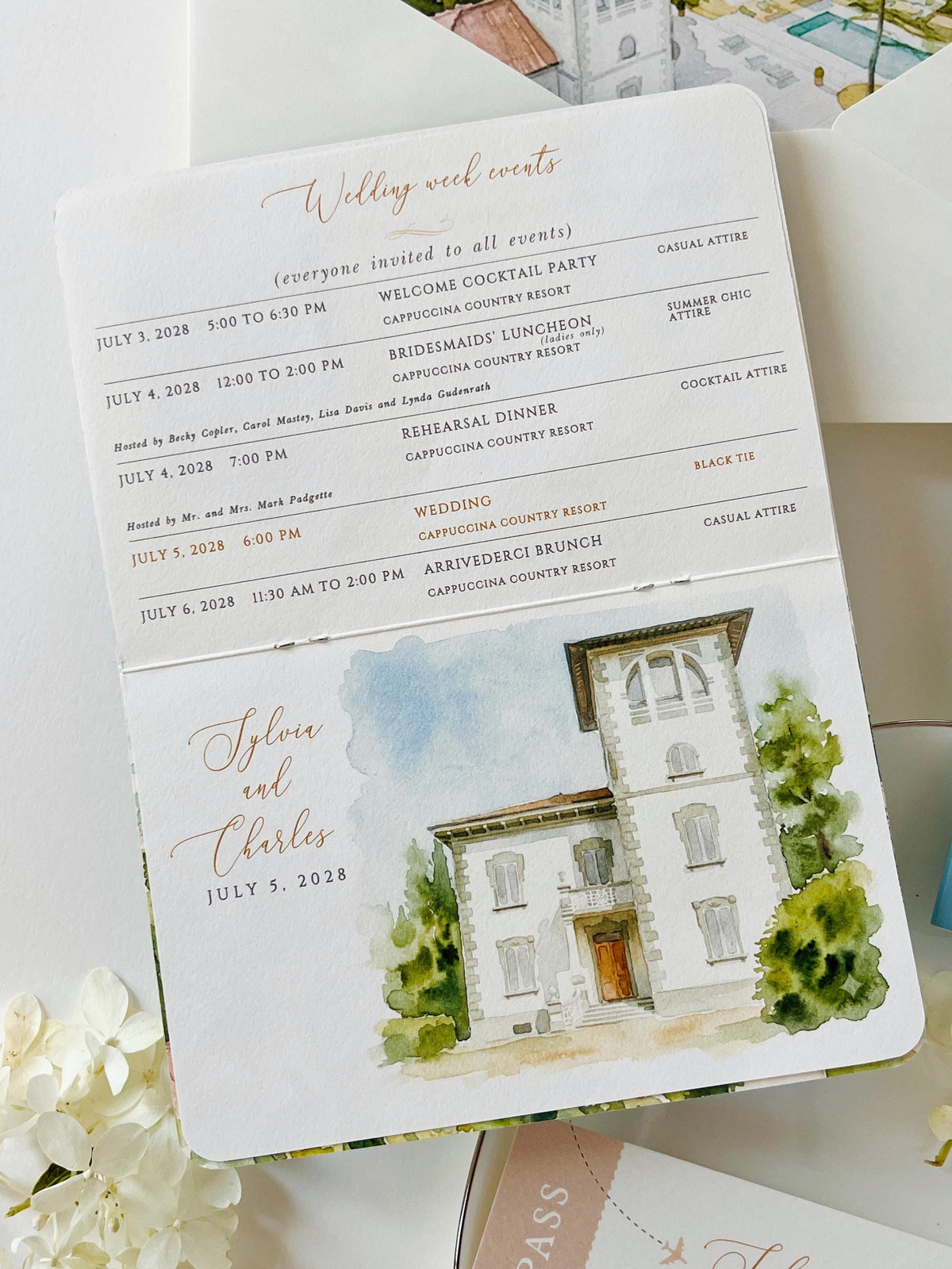 Travel Inspired Passport Wedding Invitation | Watercolour Venue Illustration with Boarding Pass RSVP | Destination Wedding