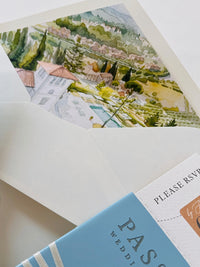 Travel Inspired Passport Wedding Invitation | Watercolour Venue Illustration with Boarding Pass RSVP | Destination Wedding