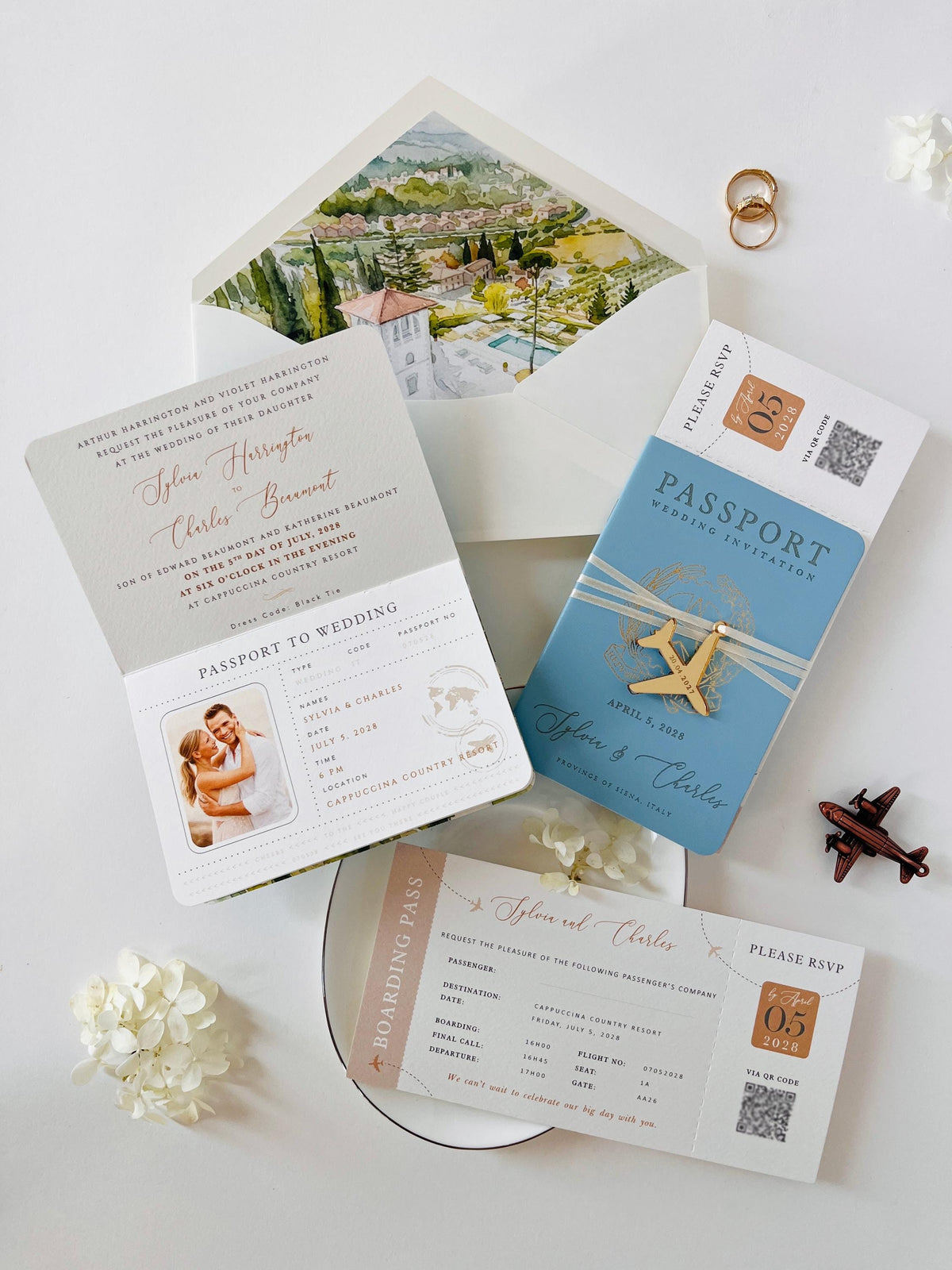 Travel Inspired Passport Wedding Invitation | Watercolour Venue Illustration with Boarding Pass RSVP | Destination Wedding