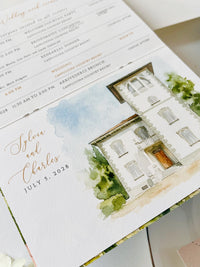 Travel Inspired Passport Wedding Invitation | Watercolour Venue Illustration with Boarding Pass RSVP | Destination Wedding