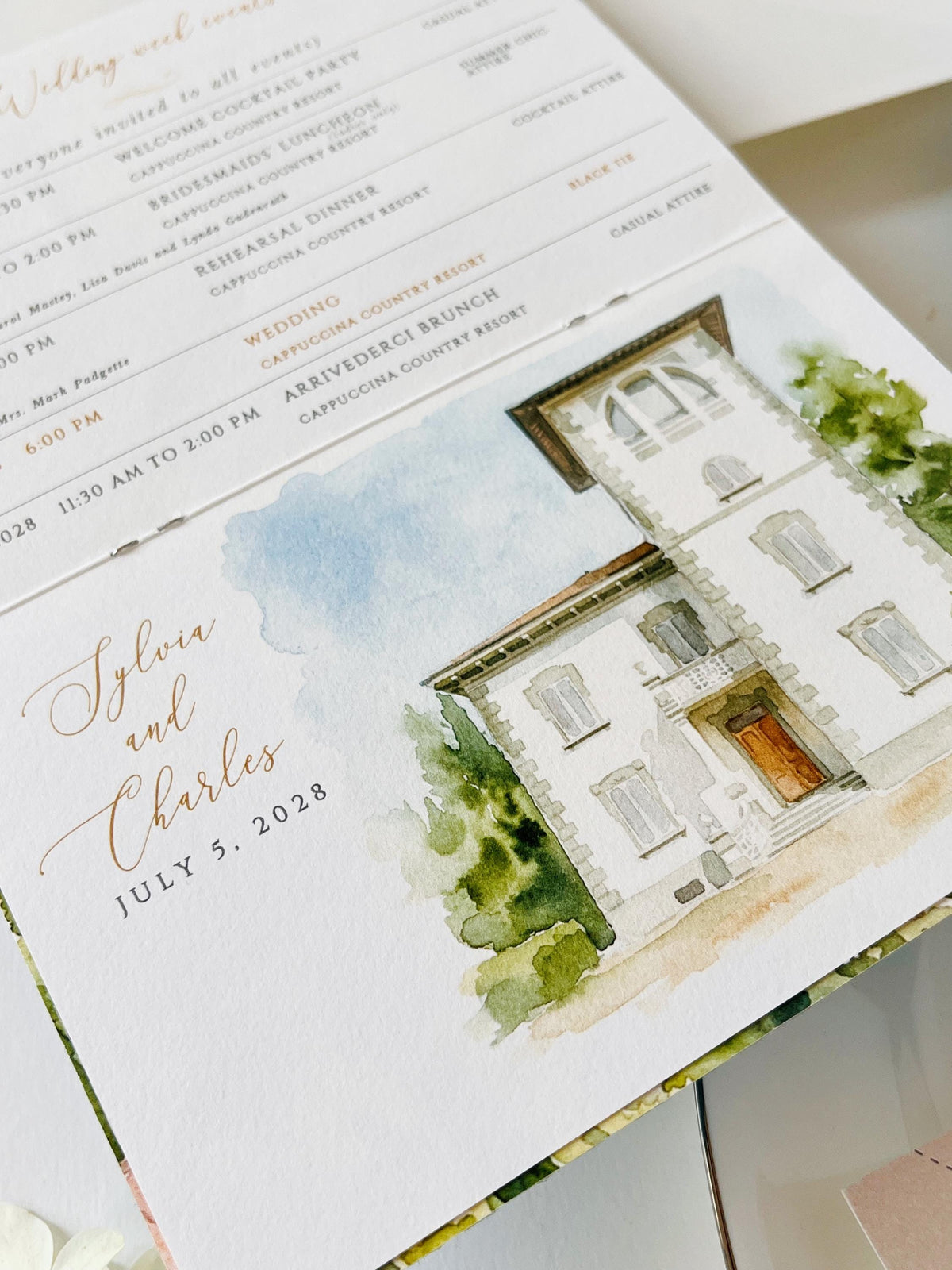 Travel Inspired Passport Wedding Invitation | Watercolour Venue Illustration with Boarding Pass RSVP | Destination Wedding