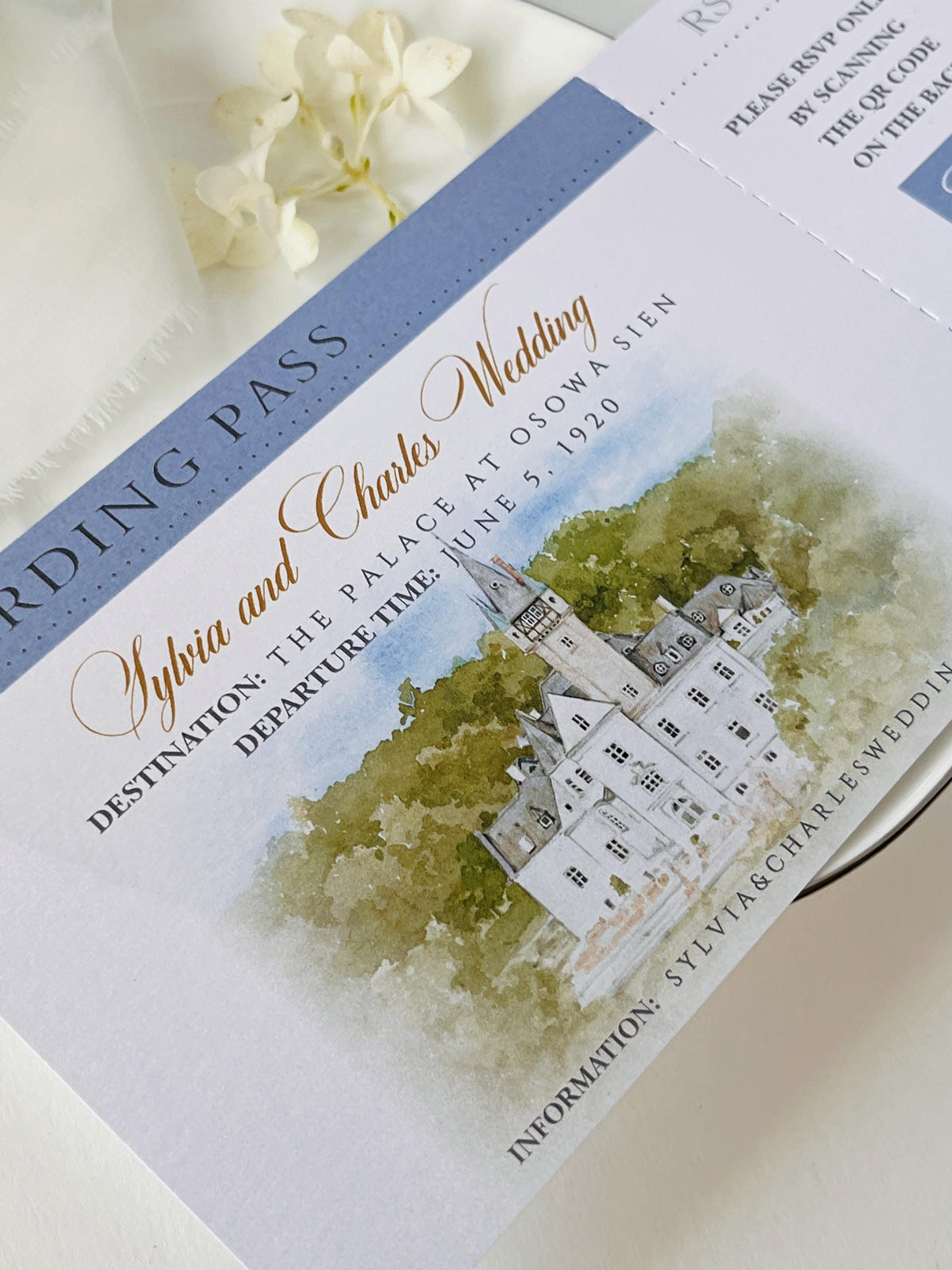 Custom Watercolor Venue Wedding Invitation | Blue Vegan Leather Passport Invite with Boarding Pass RSVP | Destination Wedding
