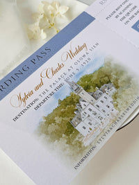 Custom Watercolor Venue Wedding Invitation | Blue Vegan Leather Passport Invite with Boarding Pass RSVP | Destination Wedding