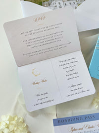 Custom Watercolor Venue Wedding Invitation | Blue Vegan Leather Passport Invite with Boarding Pass RSVP | Destination Wedding