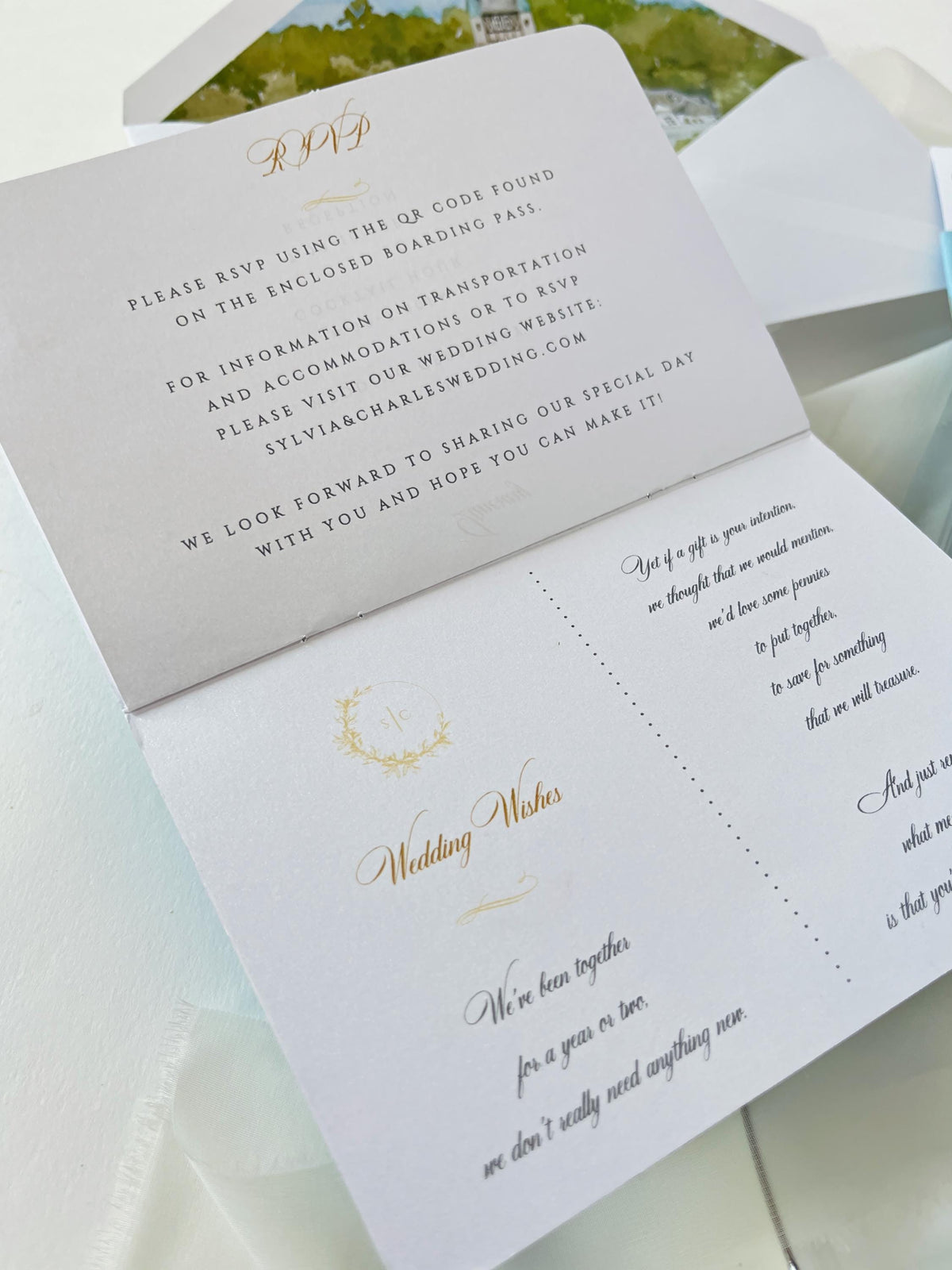 Custom Watercolor Venue Wedding Invitation | Blue Vegan Leather Passport Invite with Boarding Pass RSVP | Destination Wedding