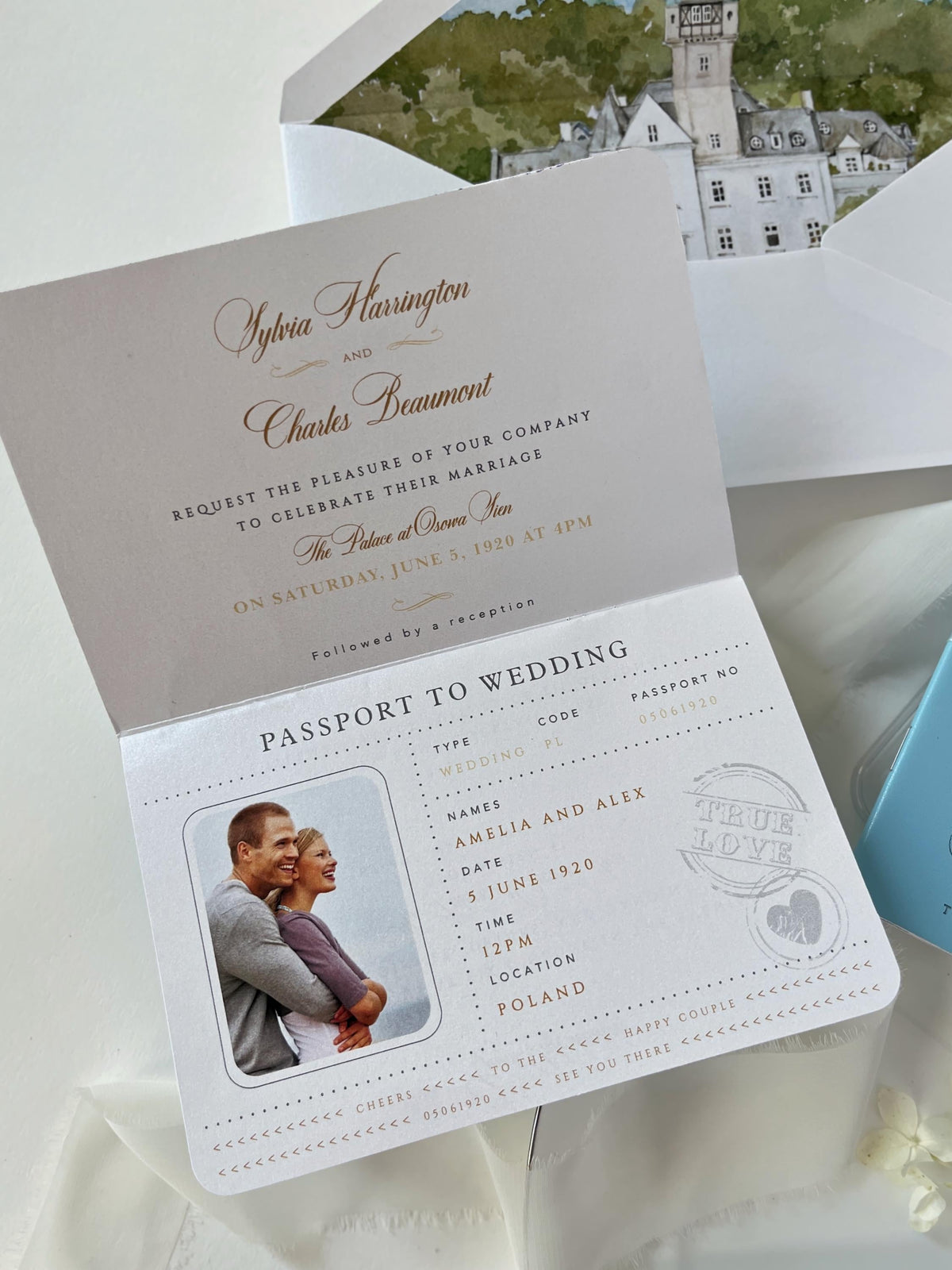 Custom Watercolor Venue Wedding Invitation | Blue Vegan Leather Passport Invite with Boarding Pass RSVP | Destination Wedding