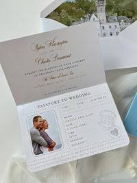 Custom Watercolor Venue Wedding Invitation | Blue Vegan Leather Passport Invite with Boarding Pass RSVP | Destination Wedding