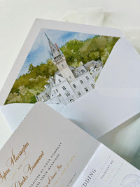 Custom Watercolor Venue Wedding Invitation | Blue Vegan Leather Passport Invite with Boarding Pass RSVP | Destination Wedding