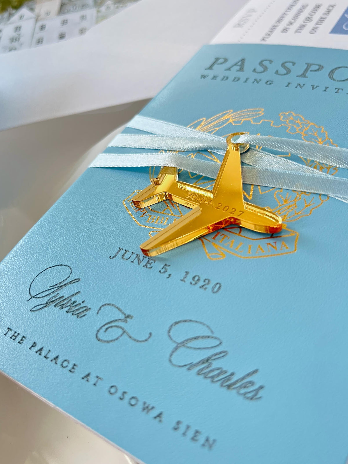 Custom Watercolor Venue Wedding Invitation | Blue Vegan Leather Passport Invite with Boarding Pass RSVP | Destination Wedding