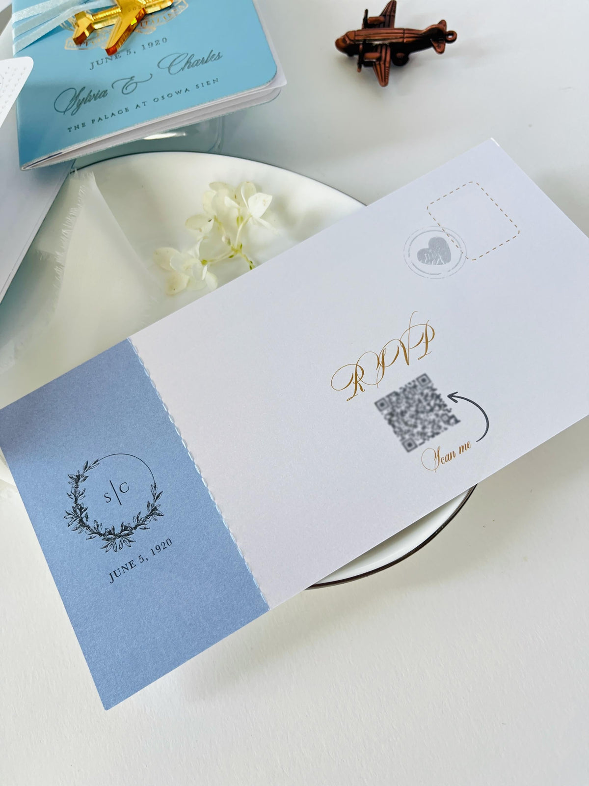 Custom Watercolor Venue Wedding Invitation | Blue Vegan Leather Passport Invite with Boarding Pass RSVP | Destination Wedding