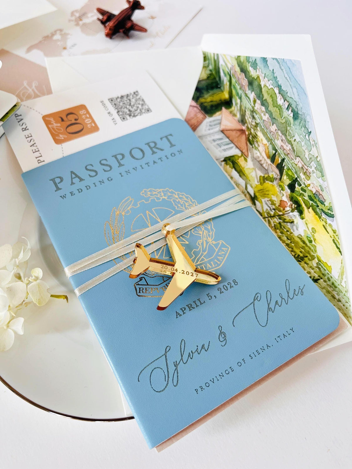 Travel Inspired Passport Wedding Invitation | Watercolour Venue Illustration with Boarding Pass RSVP | Destination Wedding