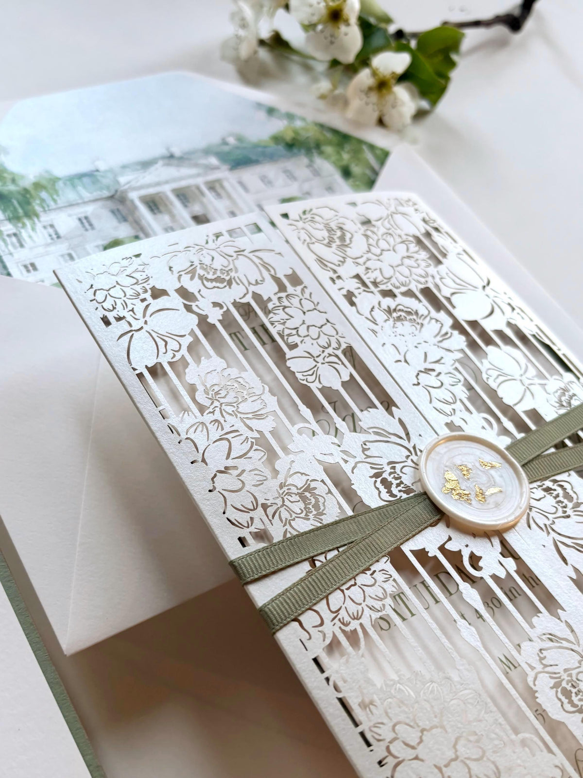 Watercolour Wedding Venue Invitation Suite, Sage Green Gatefold Invitation, Custom Venue Illustration, Laser Cut Wedding Invite