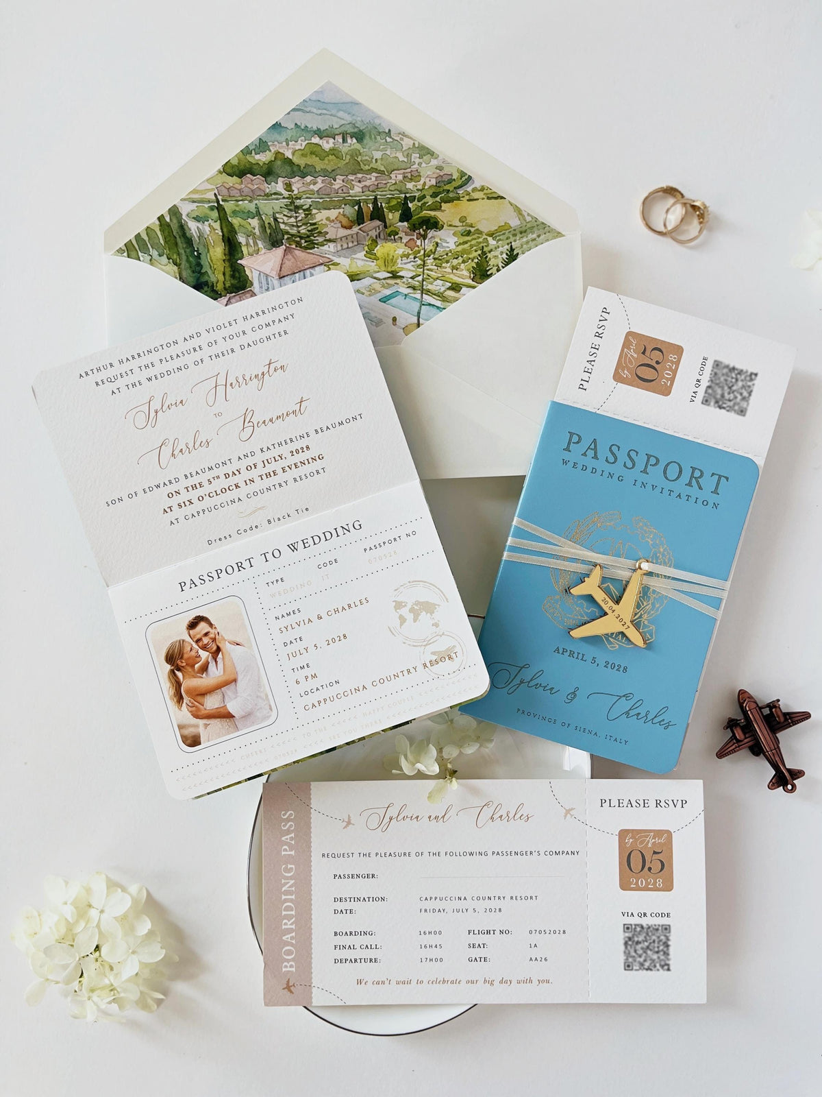 Travel Inspired Passport Wedding Invitation | Watercolour Venue Illustration with Boarding Pass RSVP | Destination Wedding