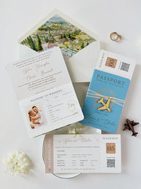 Travel Inspired Passport Wedding Invitation | Watercolour Venue Illustration with Boarding Pass RSVP | Destination Wedding