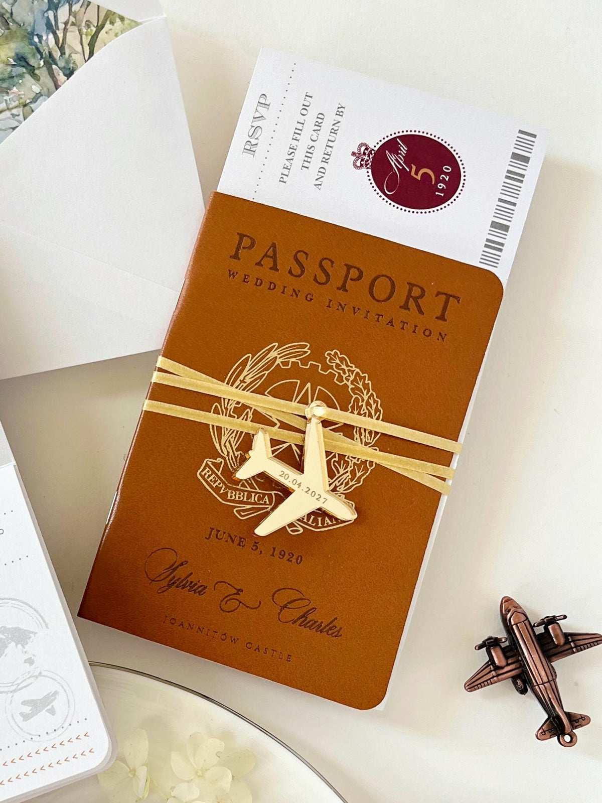 Luxury Vegan Leather Passport Wedding Invitation with Custom Venue Illustration | Destination Wedding