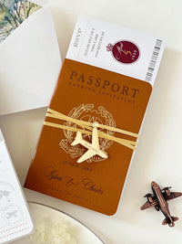 Luxury Vegan Leather Passport Wedding Invitation with Custom Venue Illustration | Destination Wedding