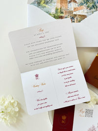Luxury Vegan Leather Passport Wedding Invitation with Custom Venue Illustration | Destination Wedding