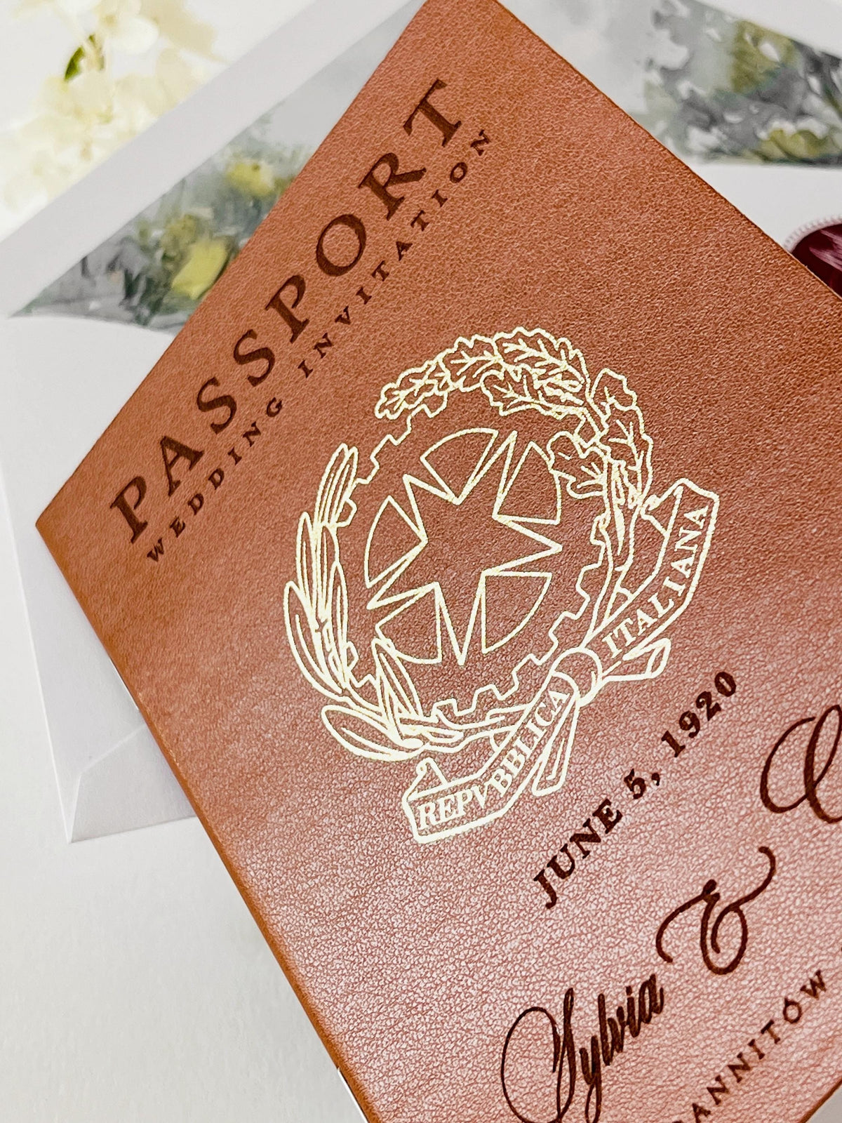 Luxury Vegan Leather Passport Wedding Invitation with Custom Venue Illustration | Destination Wedding