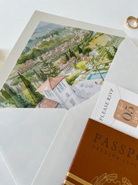 Destination Wedding Passport Invitation | Custom Watercolour Venue Illustration | Luxury Wedding Invite | Italian Wedding