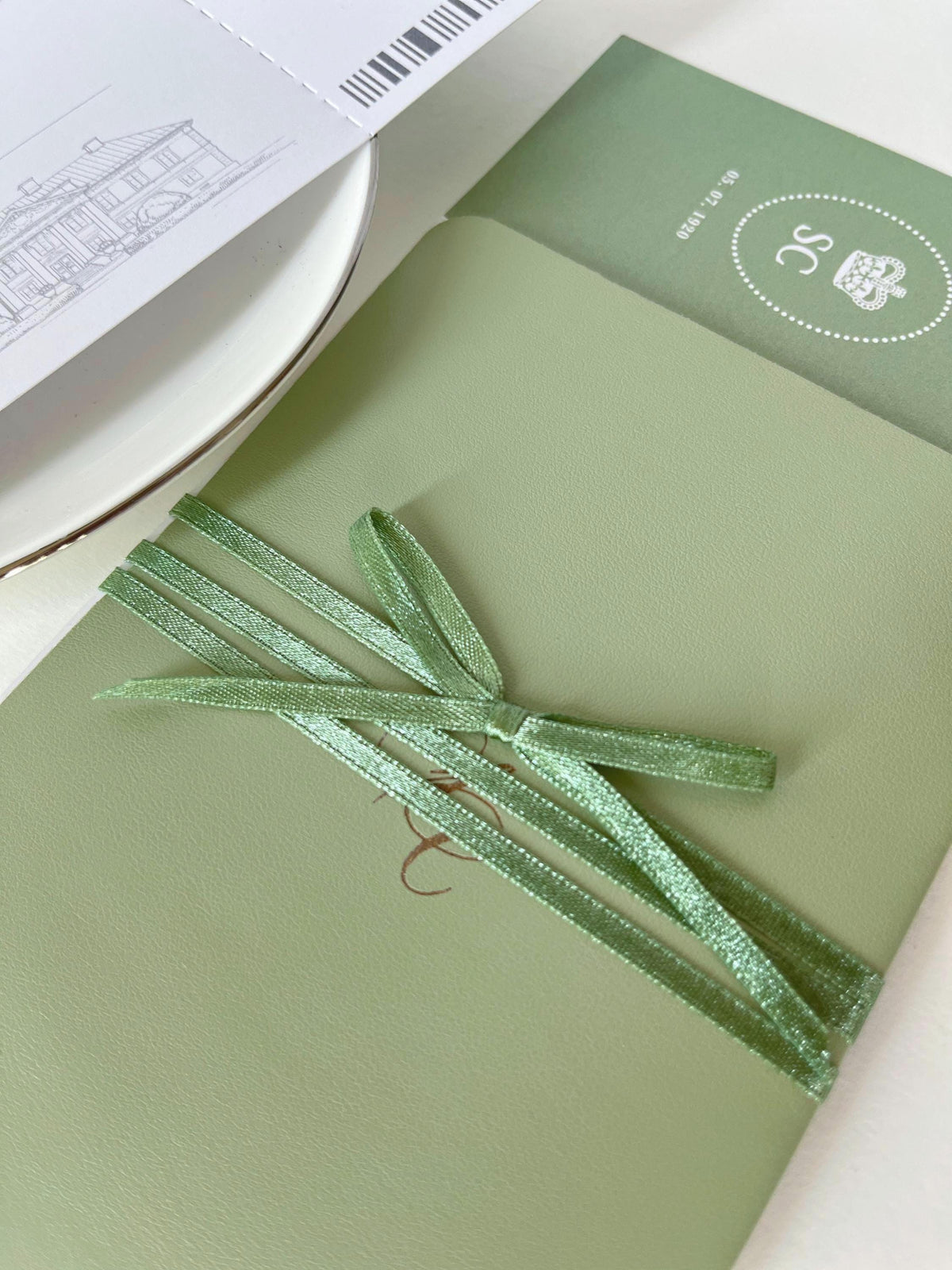 Sage Green Vegan Leather Passport Wedding Invitation | Custom Watercolour Venue Illustration | Destination Wedding Suite with Boarding Pass