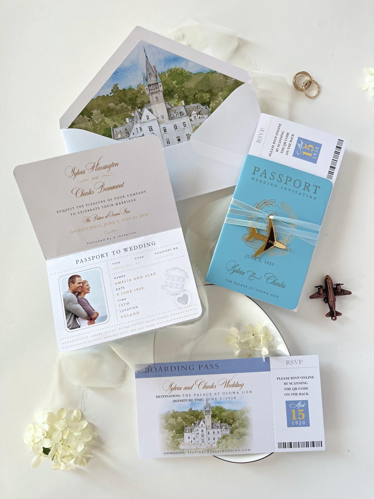 Custom Watercolor Venue Wedding Invitation | Blue Vegan Leather Passport Invite with Boarding Pass RSVP | Destination Wedding