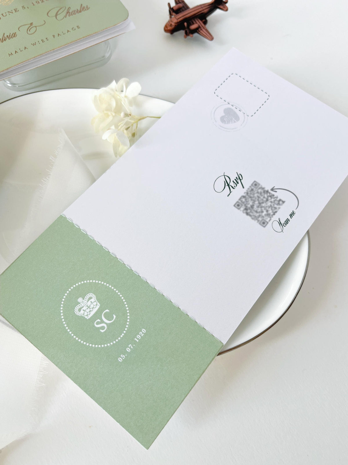 Sage Green Vegan Leather Passport Wedding Invitation | Custom Watercolour Venue Illustration | Destination Wedding Suite with Boarding Pass