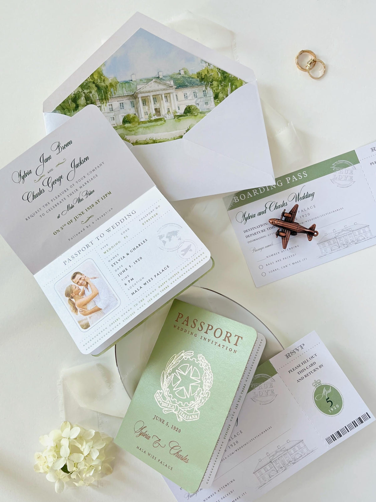 Sage Green Vegan Leather Passport Wedding Invitation | Custom Watercolour Venue Illustration | Destination Wedding Suite with Boarding Pass