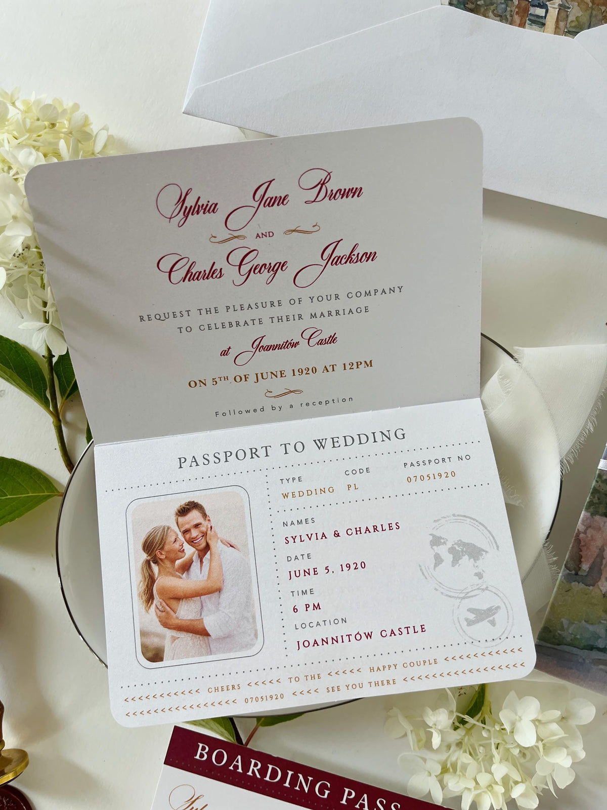 Burgundy Passport Wedding Invitations, Destination Wedding Invitation, Personalised Venue Watercolour, Travel Inspired Wedding Suite