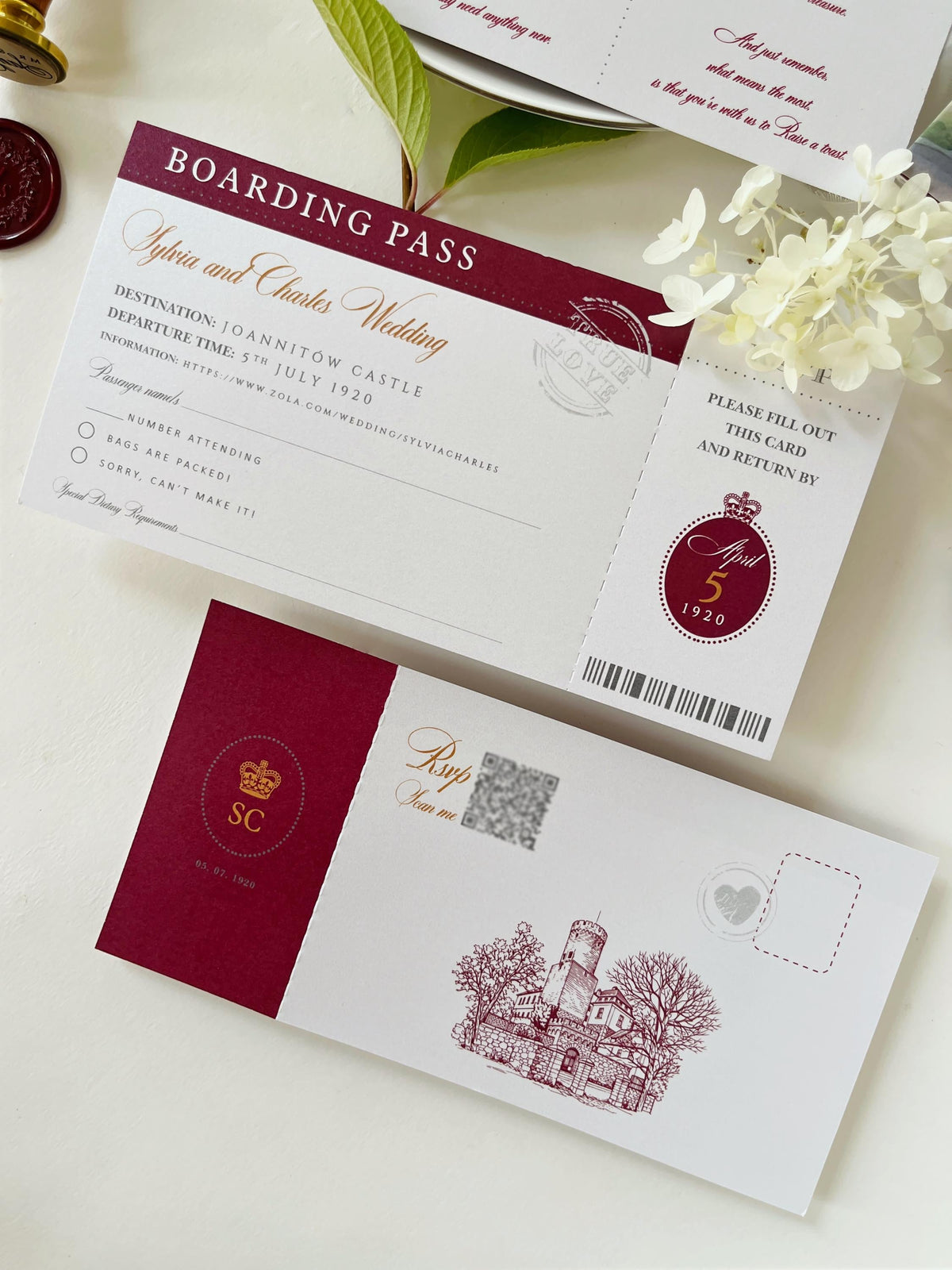 Burgundy Passport Wedding Invitations, Destination Wedding Invitation, Personalised Venue Watercolour, Travel Inspired Wedding Suite